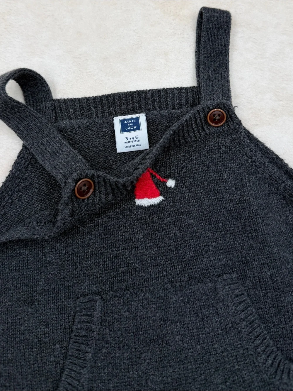 Janie and Jack Charcoal Knit Overalls with Red Santa Hat Accent